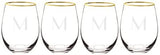 Cathy's Concepts Personalized Gold Rim Stemless Wine Glasses (Set of 4), Clear