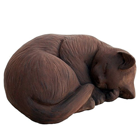 CAT Curled KITTEN Small STATUE 9.5" Sleeping Laying Sculpture DARK BROWN Cast CEMENT GARDEN Outdoor Decor