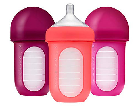 Boon, NURSH Reusable Silicone Pouch Bottle, Air-Free Feeding, 8 Ounce with Stage 2 Medium Flow Nipple (Pack of 3)