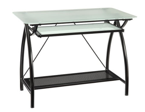OSP Home Furnishings Newport Computer Desk with Frosted Tempered Glass Top, Pullout Keyboard Tray, and Black Powder Coated Steel Frame