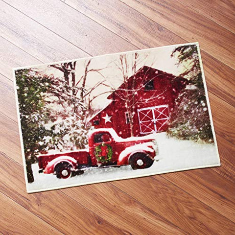 Retro Red Truck and Winter Barn Christmas Bathroom Rug with Nonslip Backing