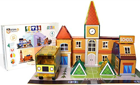 EVAXO Magnetic Tiles Building Kit - STEM Certified with 4 Themes in 1: School House, Fire Station, Police Station & Hospital#S