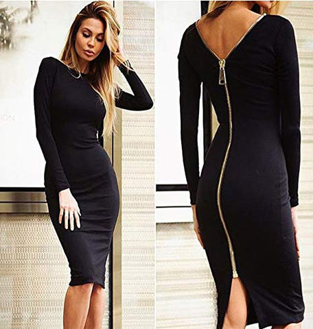 Long Sleeve Sexy Dress with Full Zipper On The Back - Party Dress