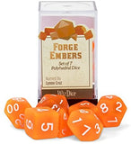 Wiz Dice Forge Embers Set of 7 Polyhedral Dice, Semi-Translucent Matte Finish Hunter Orange Tabletop RPG Dice with Clear Display Box