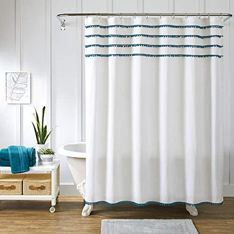 Better Homes & Gardens 72in X 72in Fabric Shower Curtain, Pom Pom/Corsair