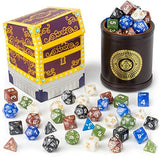 Wiz Dice Cup of Plenty: 5 Sets of 7 Premium Pearlized Polyhedral Role Playing Gaming Dice for Tabletop RPGs with Brown Bicast Leather Dice Cup