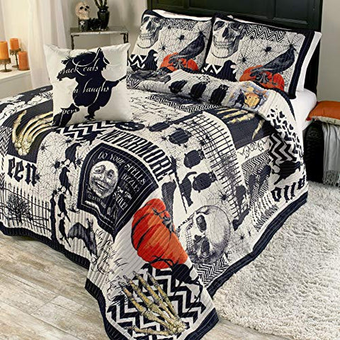The Lakeside Collection Nevermore Halloween Bedding Quilt Set with Accent Pillow - 4 Pieces - King